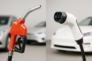 Comparison of a gasoline nozzle and an electric vehicle charging connector highlighting the transition in automotive fuel sources
