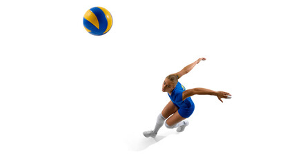 Female volleyball player in blue outfit jumping to hit ball. Concept of explosive agility, jump...
