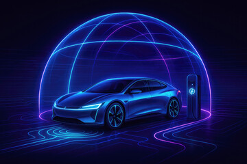 Electric vehicle charging in a futuristic setting with neon lights and technology designs