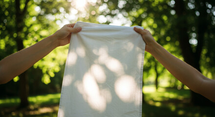 White cloth held aloft in a park setting.