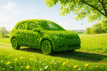 Green leaves cover a car in a sunlit meadow surrounded by trees and flowers on a bright afternoon