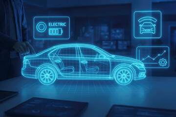 Exploring the future of electric vehicles with 3D holographs and interactive digital displays in a modern workspace setting