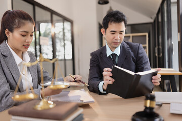  Lawyer with Document Paper and Hammer on Wood table,  Judge's Gavel, Law, Justice Symbol, Agreement and Partnership Concept,