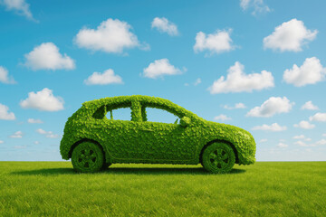 Creative concept of an eco-friendly car made of leaves, set against a clear blue sky with fluffy clouds over a lush green field during daytime