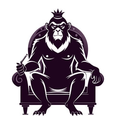 Silhouette of powerful ape sitting on throne smoking cigar, luxury primate vector art, strong monkey silhouette, royal ape design, bold cigar smoking king illustration