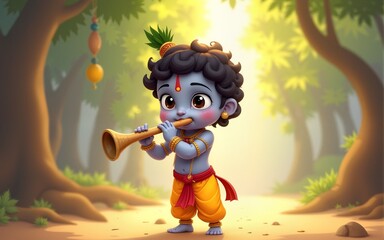 Little cartoon Krishna with a flute. High quality