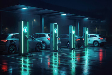Electric vehicles charging at night under neon lights in a dimly lit parking lot