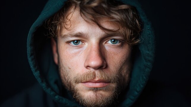 A close-up image of a man with tousled hair and piercing blue eyes, dressed in a dark hoodie, capturing an intense and thoughtful expression under dramatic lighting.
