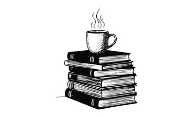 Naklejka premium Stack of books with a cup of hot beverage on top – black and white sketch. Vector retro hand drawn illustration
