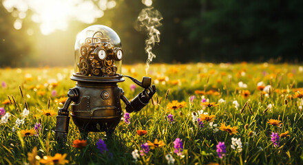Steampunk Robot in Flower Field at Sunset