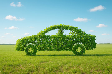 Car shaped from lush green leaves stands in a wide open field under a clear blue sky during daytime