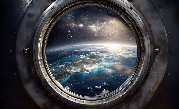 Fototapeta Stunning Outer Space View Of Earth Seen Through Spacecraft Round Observation Window