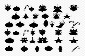 A collection of Christmas themed silhouette icons including ornaments, candy canes, bells, stars, stockings, and a tree.