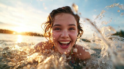 Obraz premium A happy young girl swims joyfully in water during sunset, capturing the essence of carefree summer days filled with joy, sunshine, and immersion in nature's beauty.