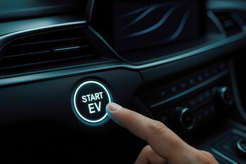 Touching the start button for an electric vehicle in a modern dashboard setting during an evening drive
