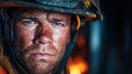 A powerful close-up image of a firefighter's rugged face, capturing deep intensity and resolve, symbolizing bravery and resilience in the face of challenging situations.