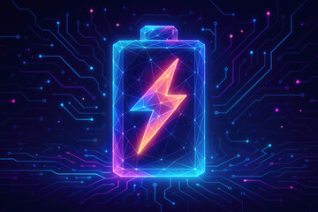 Digital battery design featuring neon lightning bolt against a dark circuit board backdrop with vibrant colors and glowing effects