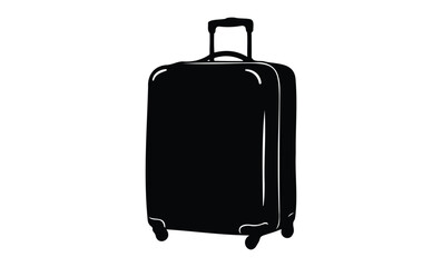 Black rolling suitcase silhouette on white background: travel icon representation. Vector retro hand drawn illustration