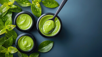 Freshly made natural skincare products with green cream and botanical elements
