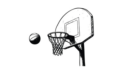 Monochrome basketball hoop and ball illustration with net detail. Vector retro hand drawn illustration