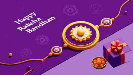 Fototapeta premium Vector art of happy raksha bandhan with a decorative wristband and a gift
