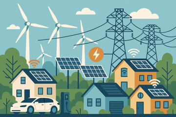 Renewable energy landscape featuring wind turbines and solar panels in a sustainable neighborhood setting