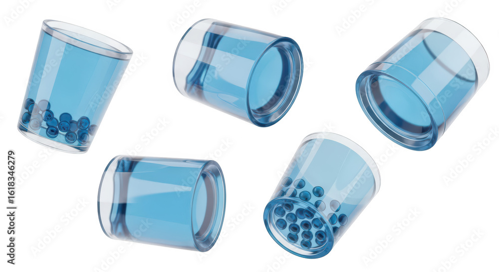Aufkleber isolated angled glasses filled with blue liquid and submerged spheres in various orientations agains