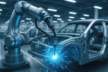 Robotic arm performing welding on car frames in an automated factory setting during daytime