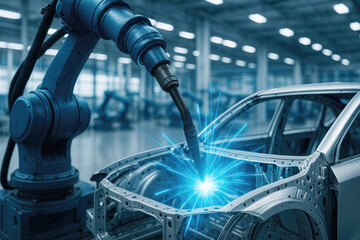 Robotic welding process on automotive body in modern manufacturing facility at daytime