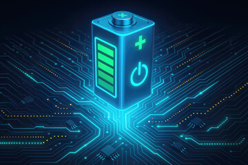 Digital battery icon surrounded by circuit patterns glowing in blue, signifying power and efficiency in technology