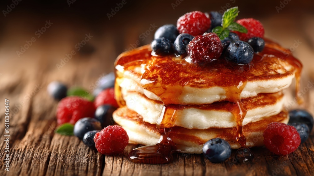 Poster a stack of fluffy pancakes drizzled with syrup and adorned with fresh berries, creating a delightful