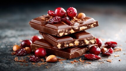 Delicious chocolate bars stacked high, topped with nuts and berries, creating a visually appealing and indulgent treat for chocolate lovers everywhere.