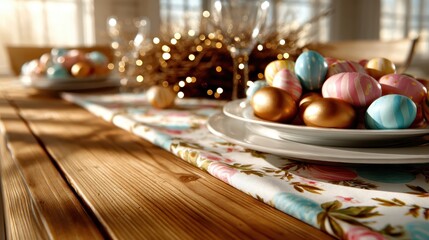 An inviting Easter table set with beautifully decorated colorful eggs on a floral tablecloth, celebrating the joy and festive spirit of the holiday season.