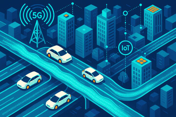Smart city infrastructure with connected vehicles and 5G technology in an urban environment at night