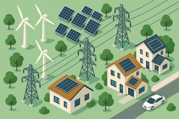 Renewable energy neighborhood featuring solar panels and wind turbines in a sustainable environment