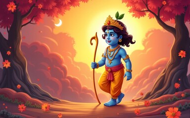 Krishna Janmashtami digital art illustration. Annual Hindu festival in India. Birth of Krishna holiday greeting card, poster, brochure, leaflet, cover, layout template. Graphic design clip art mock-up