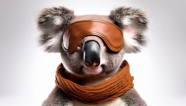 a koala wearing a brown sleeping mask and scarf with a calm expression against a white background