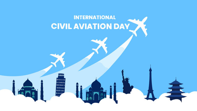Vector art of celebrating international civil aviation day with world landmarks and airplanes