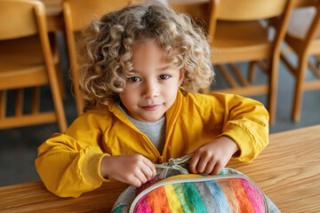 Young girl with curly hair in yellow jacket opening colorful backpack at school desk