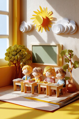 Paper craft illustration of children studying at desks in a bright classroom with sunny decor