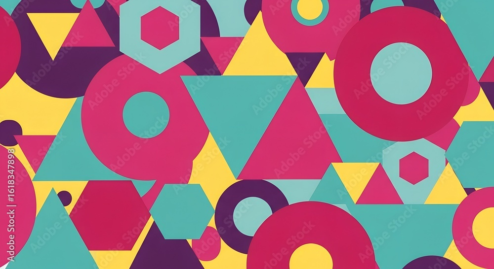 Poster bright geometric shapes pattern design featuring colorful circles, triangles, and hexagons in overla