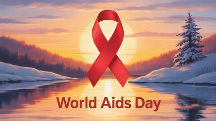 Red ribbon symbolizing world aids day in a serene winter landscape