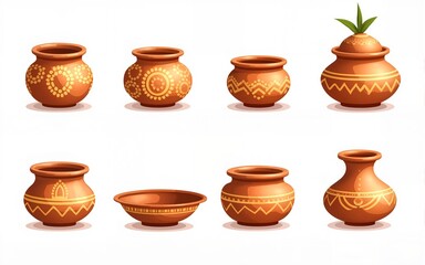 A set of isolated pot designs on a transparent background. Designs are used for Pongal, Krishna Janmashtami and Hindu festival ideas. Vector illustration. High quality