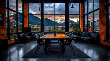 Modern Office with Panoramic Mountain View at Sunset.