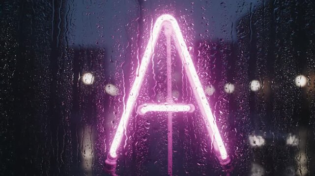 glowing neon light.Neon Letter 'A' Glowing Through a Rainy Window at Night