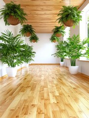 Fototapeta premium Bright and Airy Room with Wooden Floor and Lush Greenery.