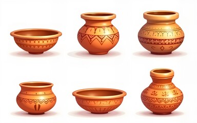 A set of isolated pot designs on a transparent background. Designs are used for Pongal, Krishna Janmashtami and Hindu festival ideas. Vector illustration. High quality