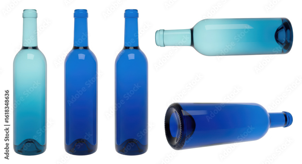 Poster blue wine bottles isolated on white varying angles showcasing transparency perfect for beverage conc