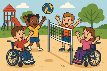Inclusive Playground Vector Illustration – Kids & Wheelchair Users Playing Volleyball Together