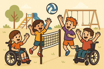 Inclusive Playground Vector Illustration – Kids & Wheelchair Users Playing Volleyball Together